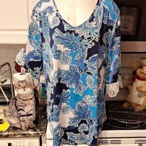 h Stem Vine Stretch Blue Floral Women's Top 3/4 Sleeve Top 3X
